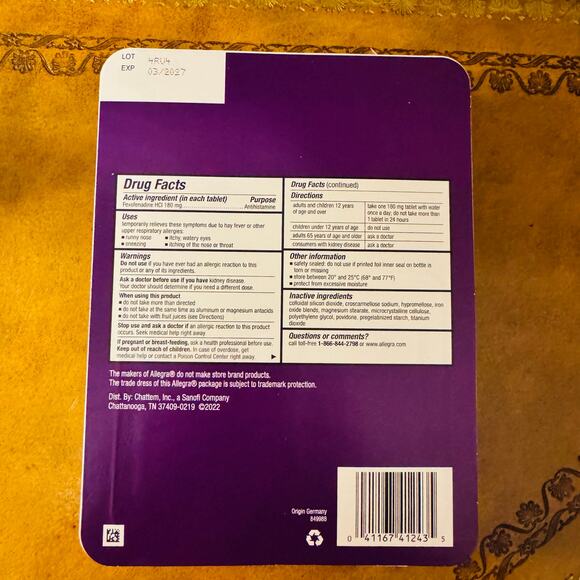Allegra Allergy OTC 24 Hour Non Drowsy 110 Tablets Exp Date is March 2027 NEW - Picture 6 of 7
